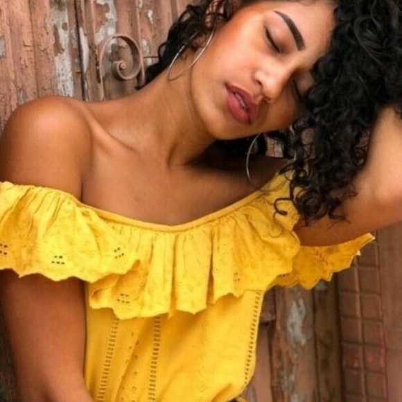 ZARA MUSTARD OFF THE SHOULDER EMBROIDERED MIDI FRILL DRESS SMALL NEW WITH TAGS - Picture 3 of 12